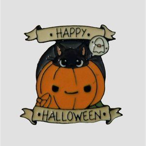 Happy Halloween Pin Orange Pumpkin Black Cat Lapel Hat Metal 1.25 in x 1.25 in